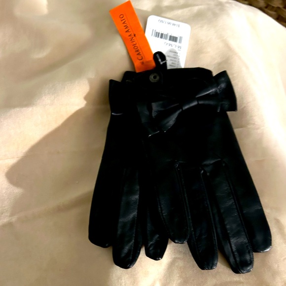 Carolina Amato Short Black Leather Gloves with Bow New Paris New Stylish Fall - Picture 2 of 6